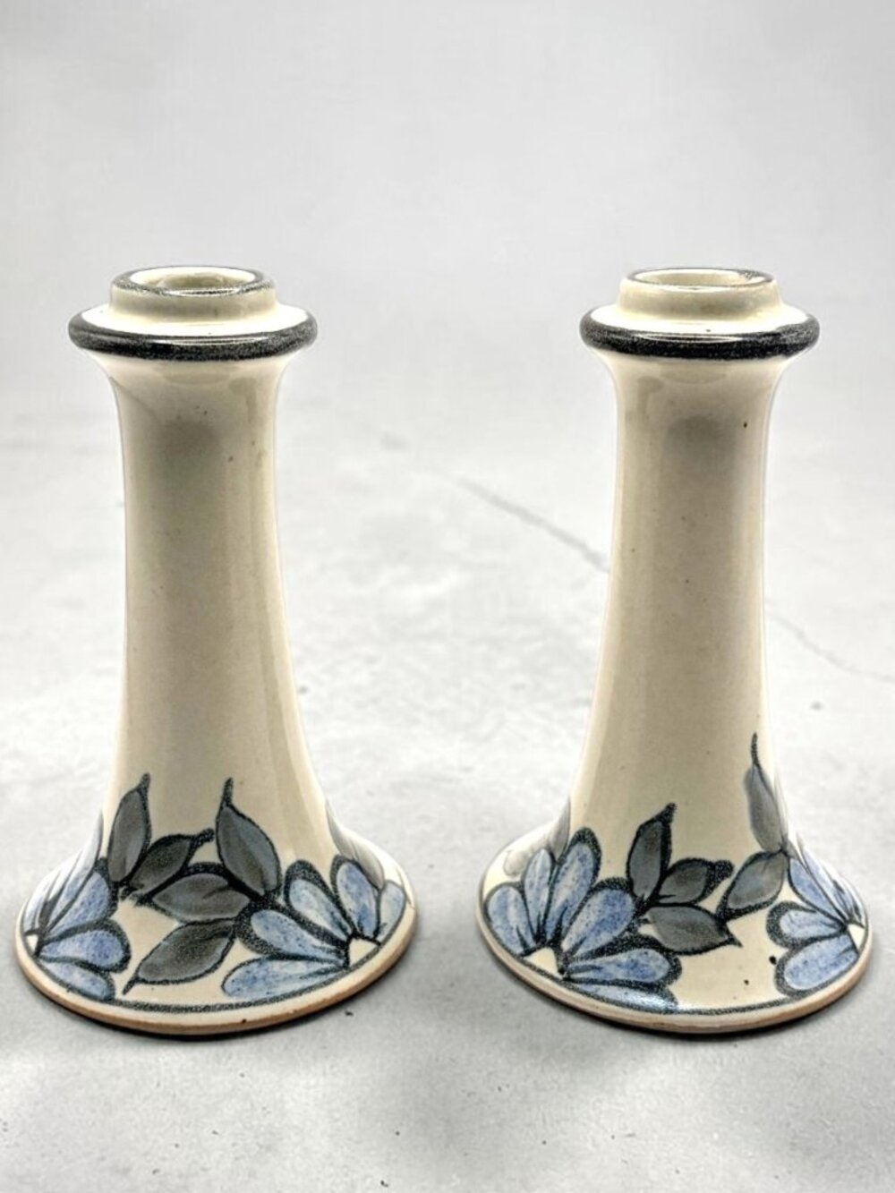 Signed Pottery Candlestick Holders Pair Blue Floral Cream Ceramic Decor 5.75"